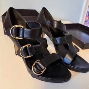 Cole Haan Black Leather Strappy Heeled Sandals with Gold Buckles